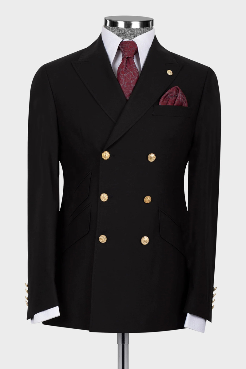 Black Wool Blend Double-Breasted Six-Button Suit with Scoop Neck
