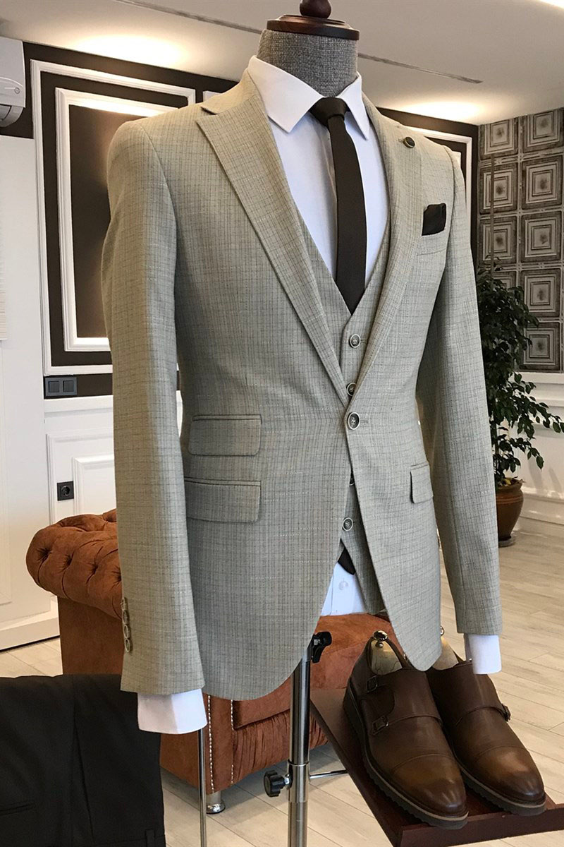New Arrival Light Brown Small Plaid Notched Lapel Slim Fit Suit