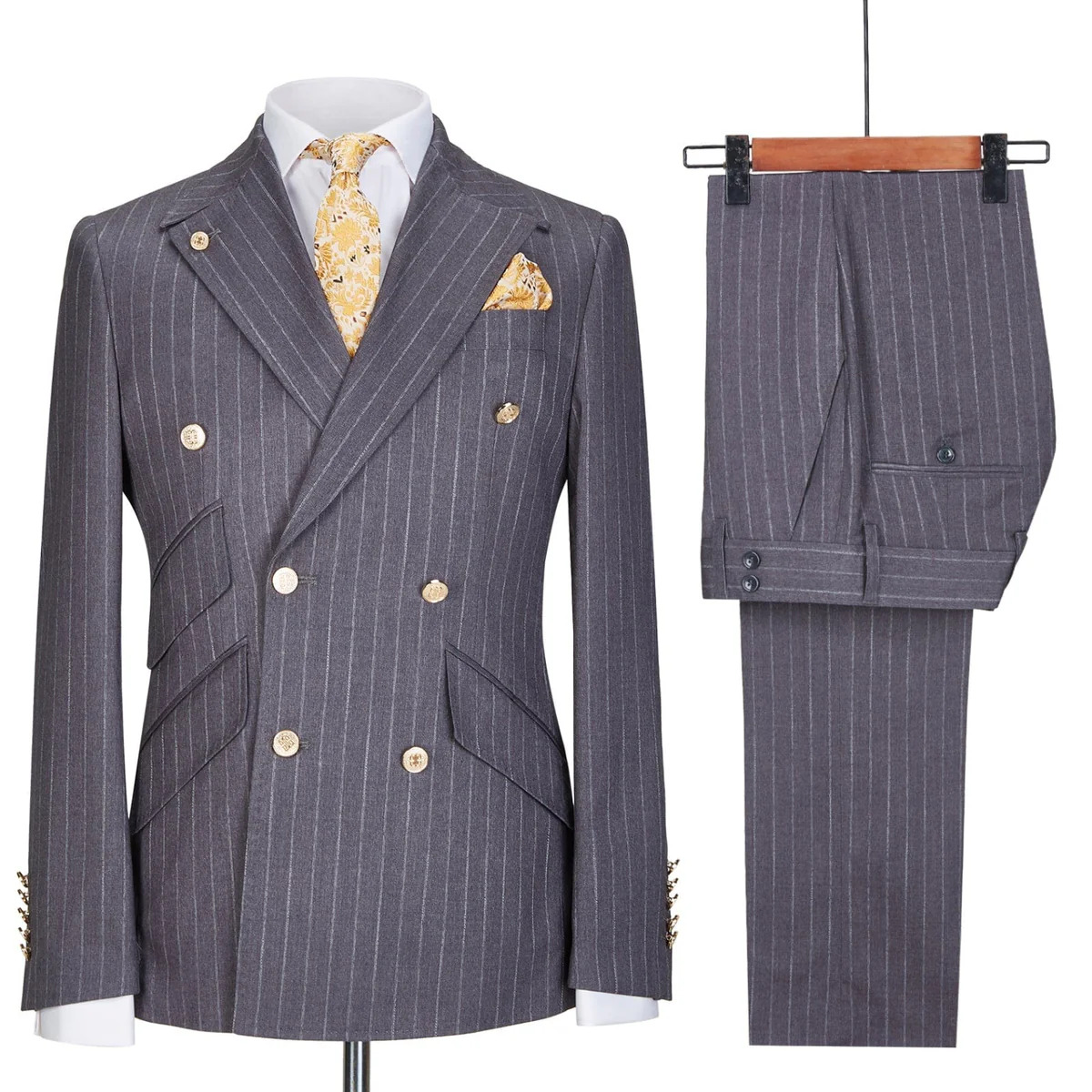 Gray Lapel Gold Button Double-Breasted Striped Two-Piece Suit
