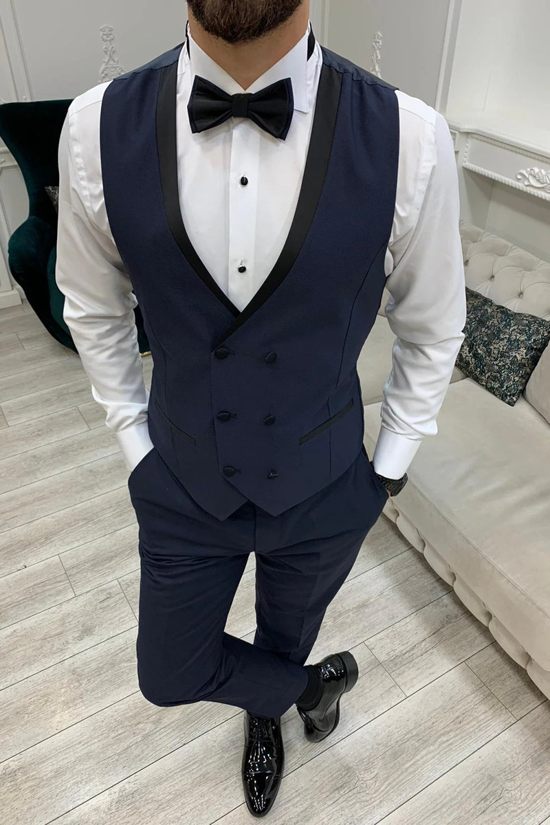 Modern Fashion Navy Blue Velvet Slim Fit Three-Piece Tuxedo with Peak Collar