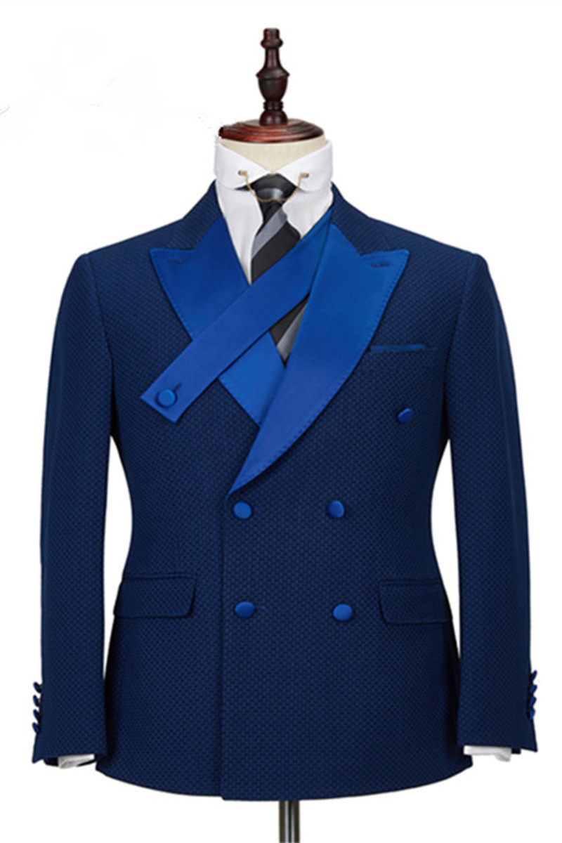 Jonah Navy Check Point Lapel Double-Breasted Formal Business Suit