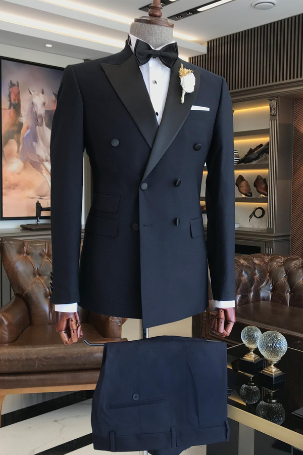 Trendy Dark Navy Wedding Tuxedo Black Satin Lapel Prom Suit