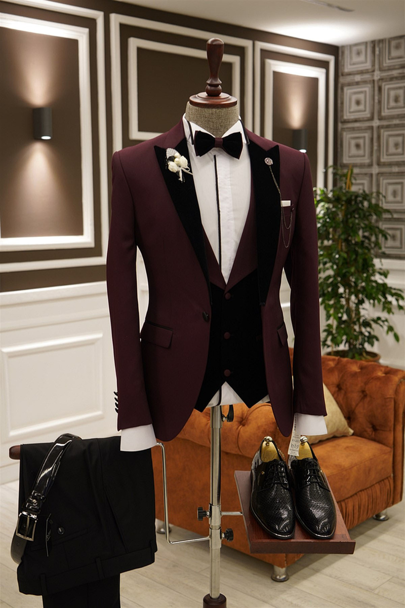 Herbert Burgundy Three Piece Point Lapel Slim Fit Prom Men Suit