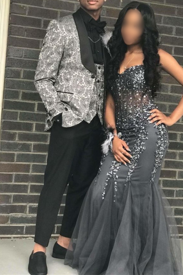 Silver Two-Piece Jacquard Men Suit Slim Fit One Button Boy Prom Costume