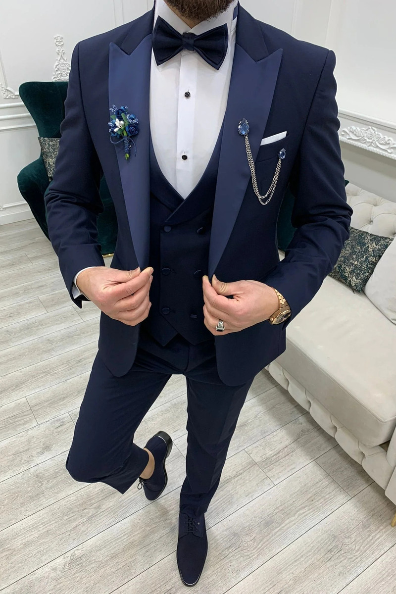 Perris Modern Navy Blue Slim Peak Collar Three-Piece Tuxedo