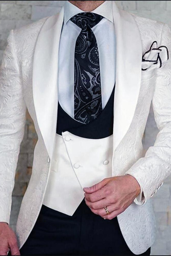 White Groom Pattern Wedding Tuxedo Jacquard Slim Fit Three-Piece Suit