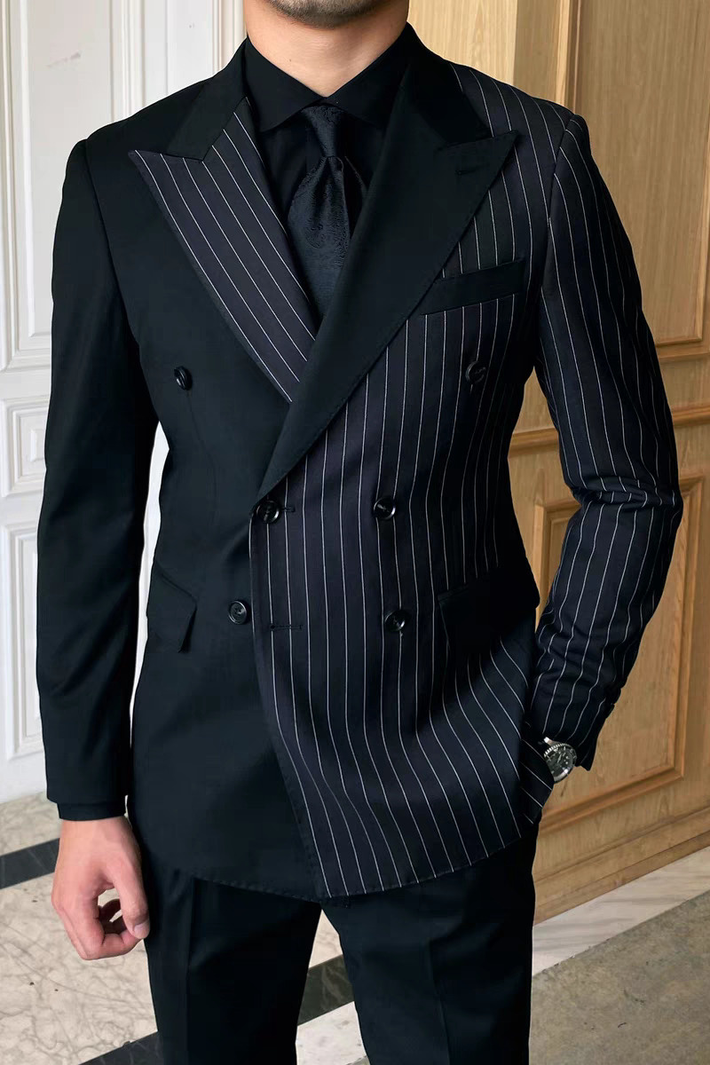 Beacher Formal Black Striped Point Lapel Double Breasted Tailored Business Suit