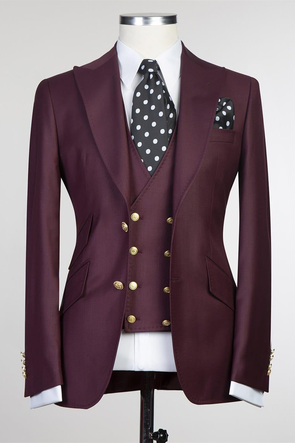 Fashion Burgundy Three-Piece Peaked Lapel Suit