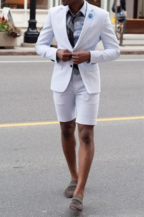 Kelvin White Summer Notch Lapel Fashion Suit With Shorts