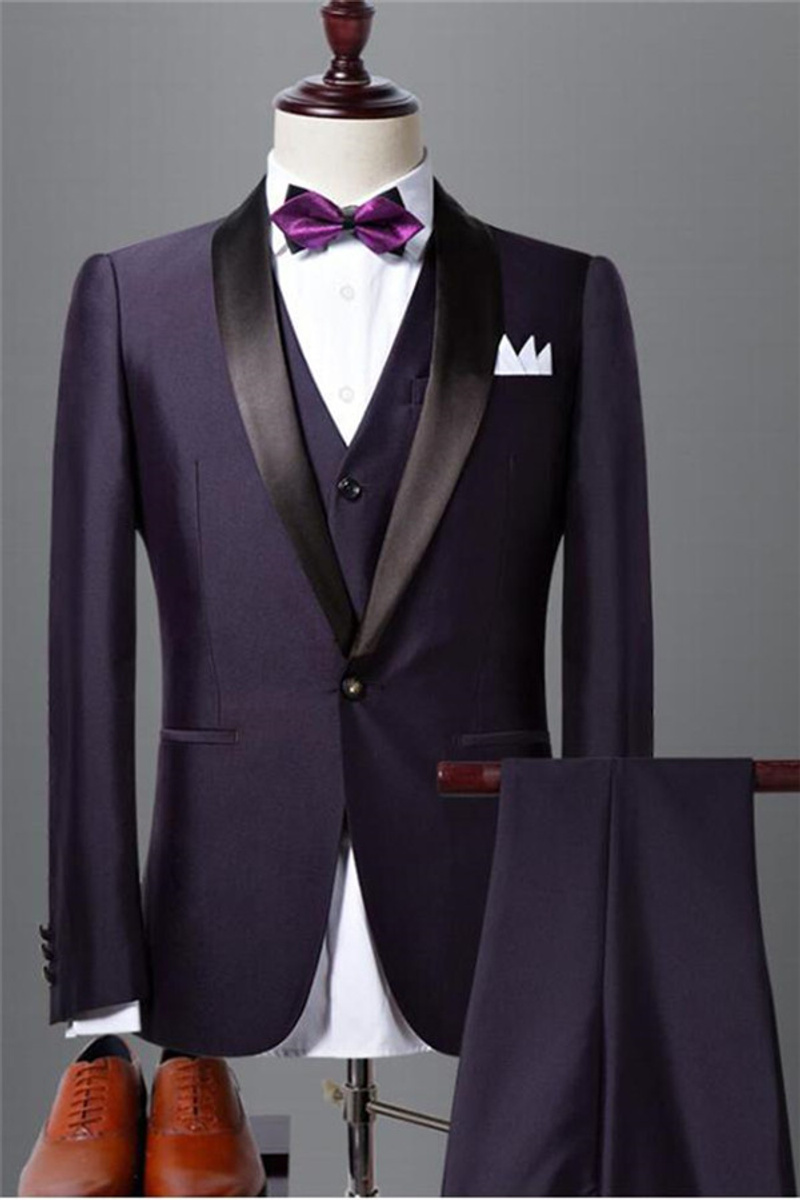 Classic Dark Purple Shawl Lapel Black Wedding Tuxedo Prom Suit