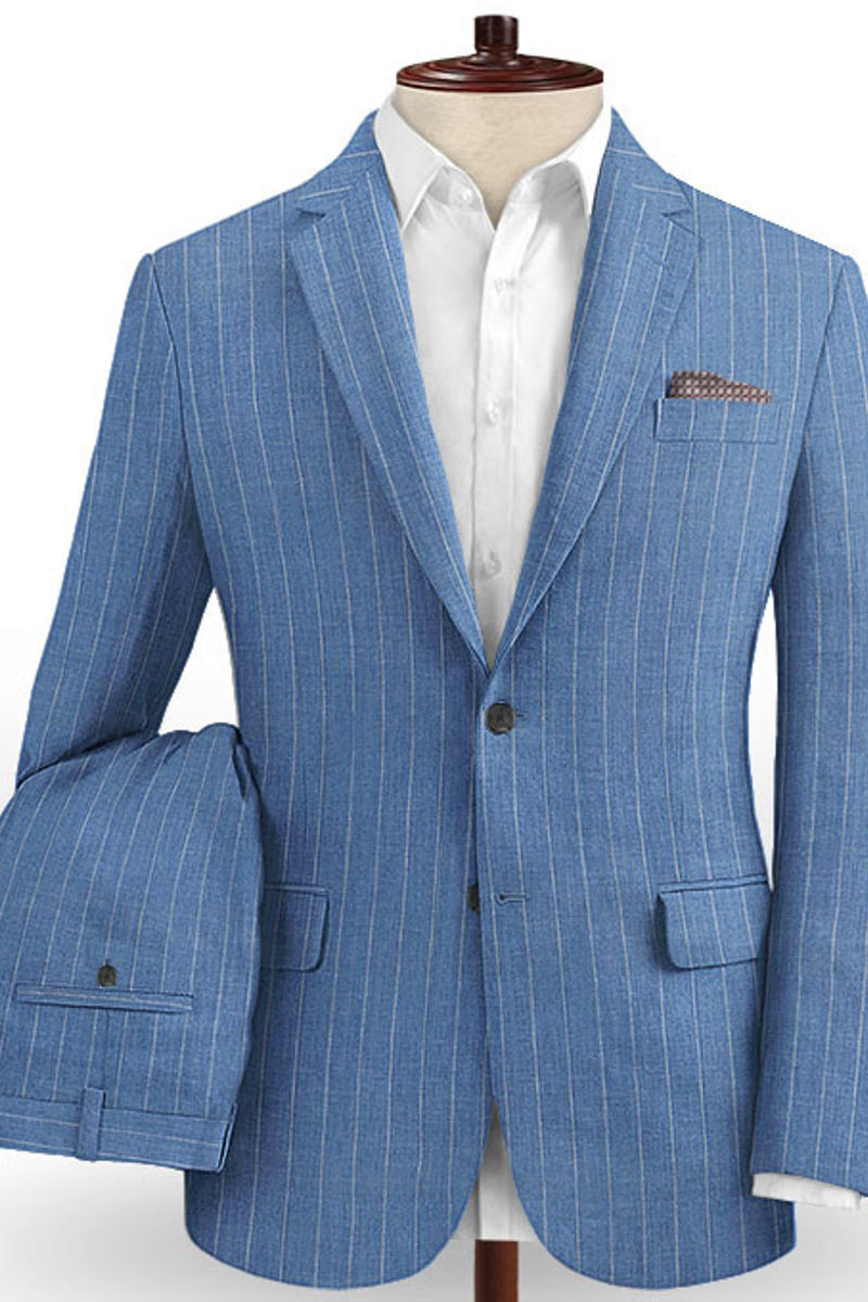 Ocean Blue Striped Prom Tuxedo Two-Piece Linen Suit