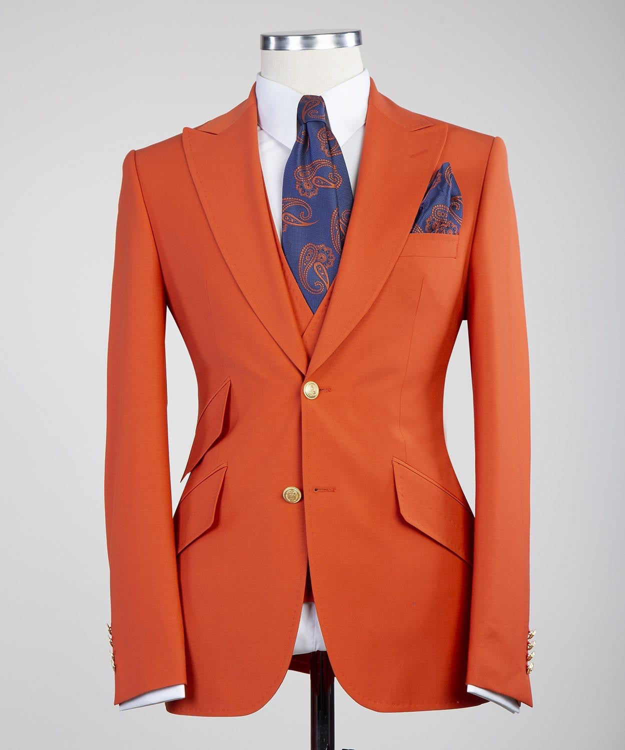 Fashion Orange Peaked Lapel Three Pieces Men Suits