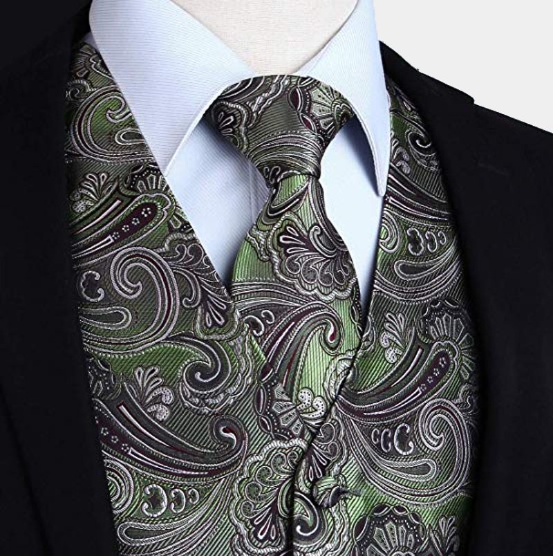 Olive Green Paisley Men Waistcoat