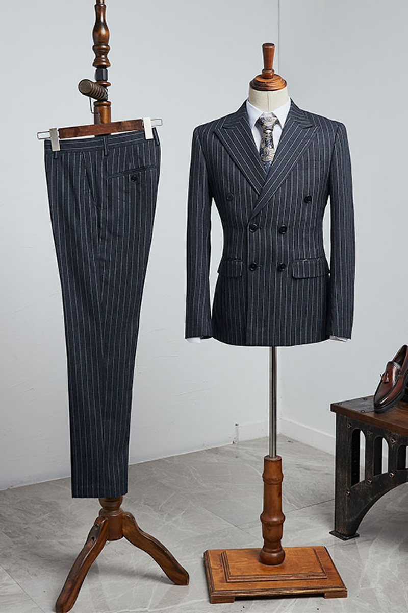 Bradley Formal Black Striped Point Lapel Double-Breasted Tailored Business Suit