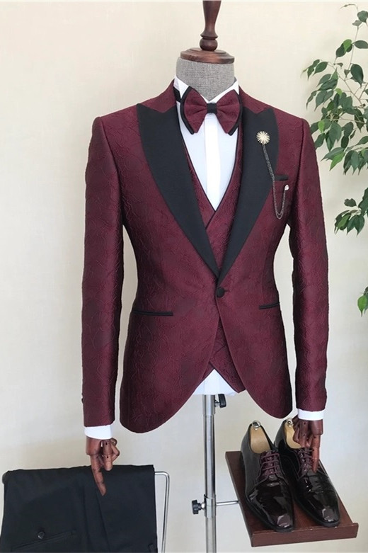 Burgundy Three-Piece Jacquard Pointed Collar Men's Wedding Suit