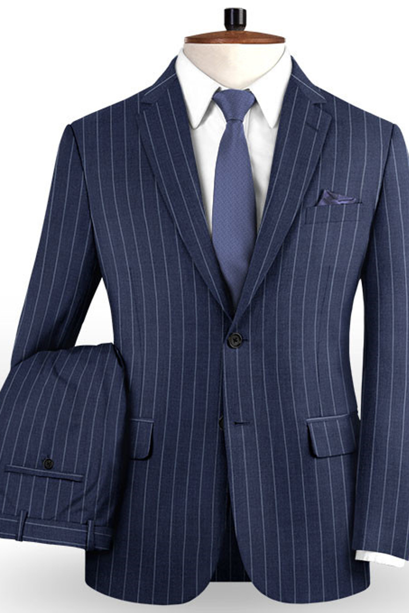 Dark Blue Business Formal Fashion Two-Button Striped Tuxedo