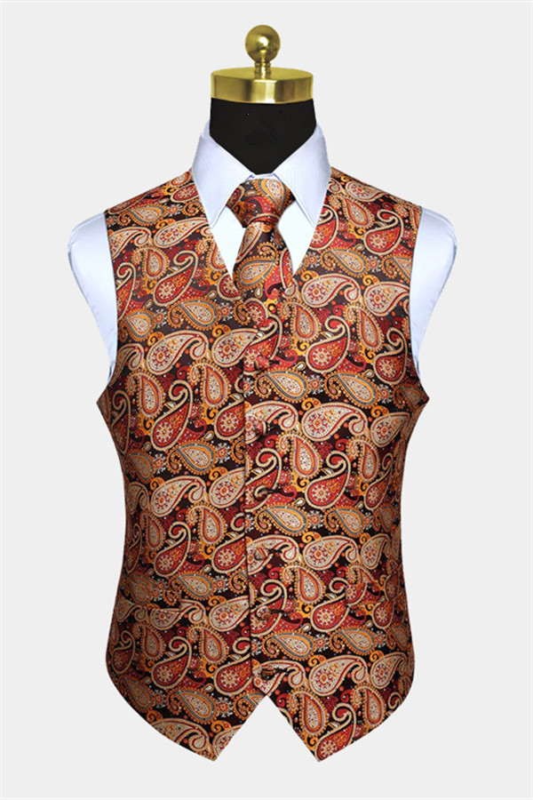 Orange Paisley Slim Fit Vest Set