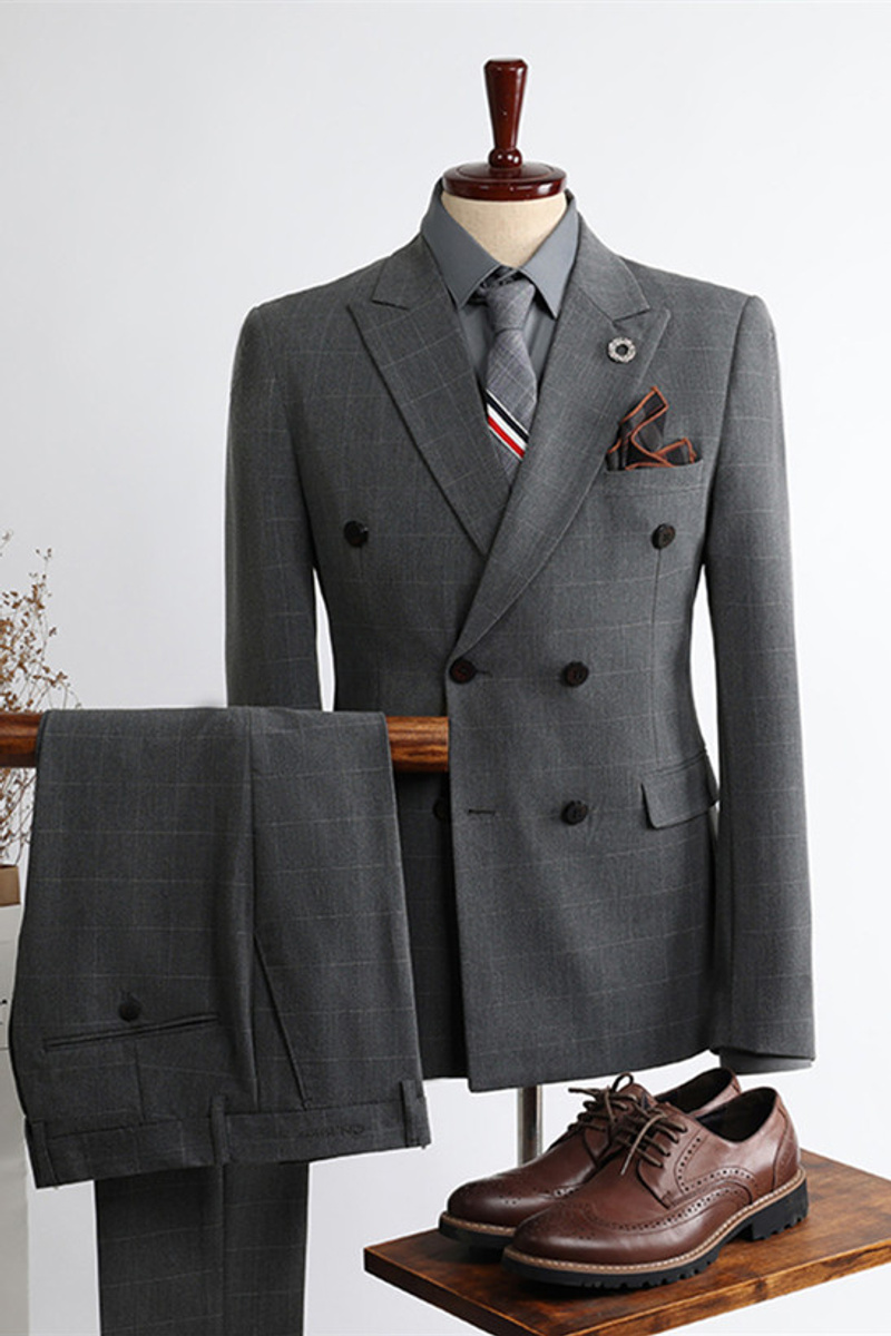 Logan New Arrival Dark Grey Point Lapel Double-Breasted Plaid Suit