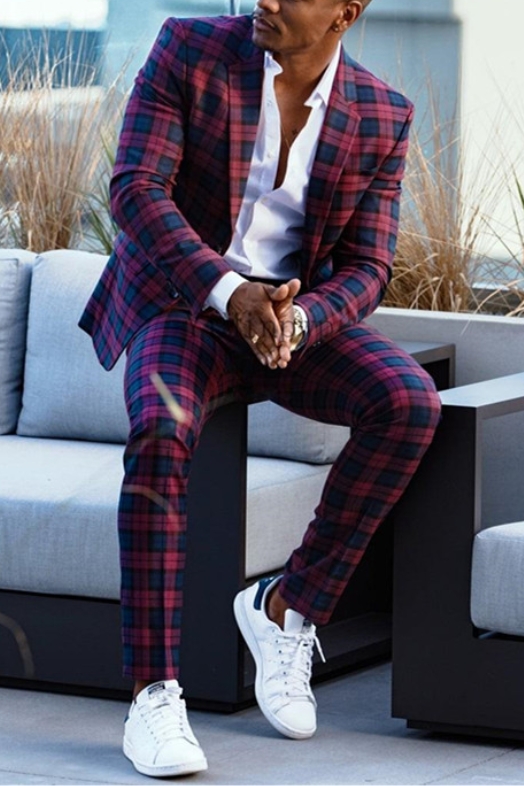 Tshibanda Fashion Plaid Slim Fit Bespoke Prom Men Suit
