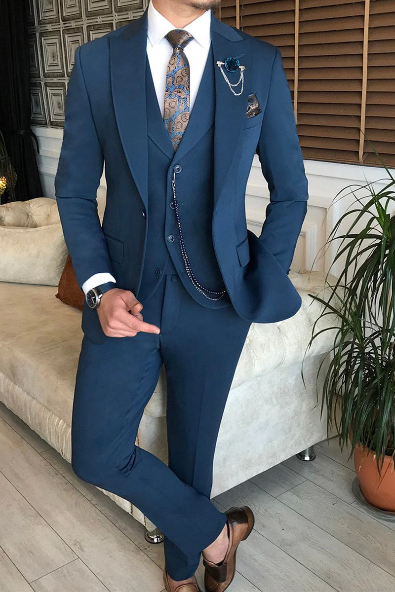 Navy Blue Lapel Collar Single-Breasted Three-Piece Suit Flat Lapel Collar Vest