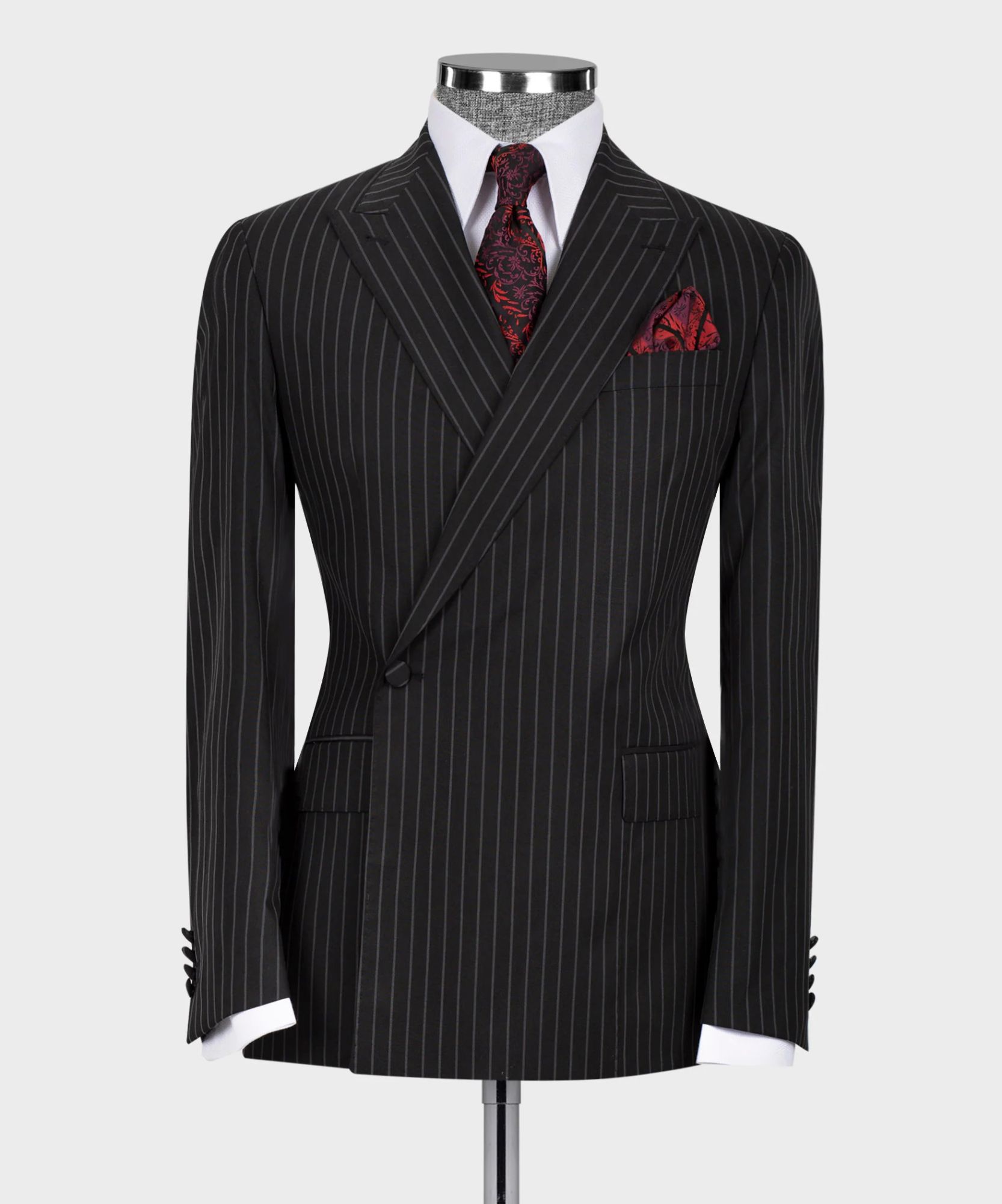 Black Striped One-Button Peak Collar Business Suit