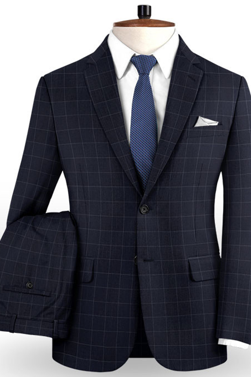 Dark Blue Check Suit Fashion Notch Lapel Prom Tuxedo