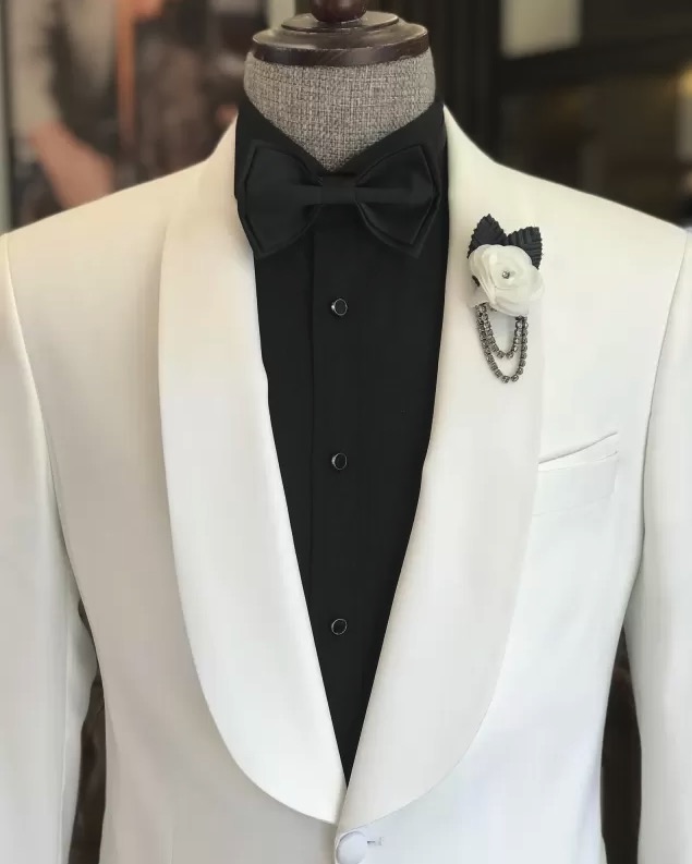 One Button White Shawl Lapel Wedding Suit｜Black Pants