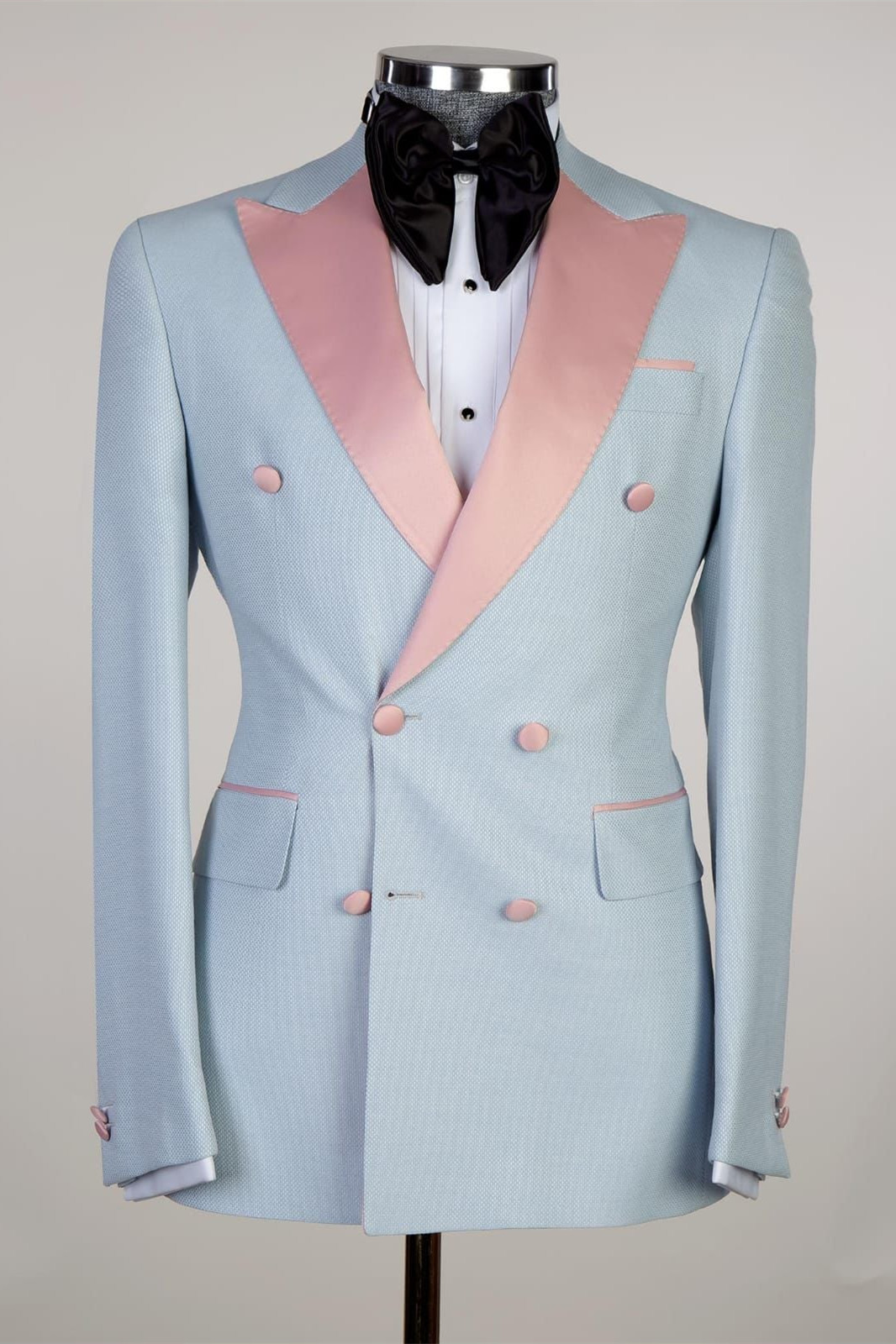 Shiny Sky Blue Double-Breasted Men’s Suit with Pink Point Collar