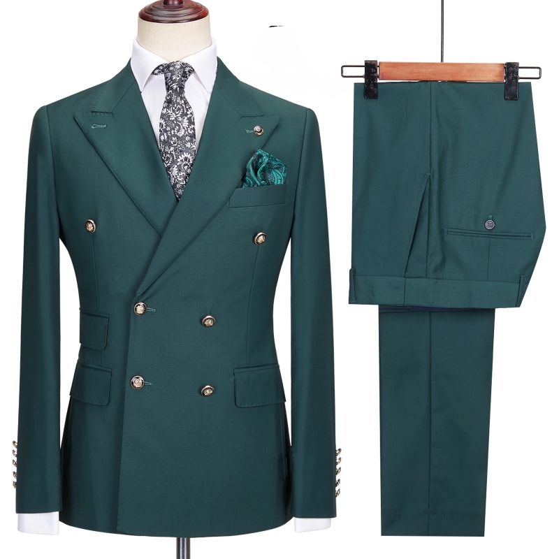 Elegant Dark Green Peak Lapel Double-Breasted Two-Piece Prom Suit