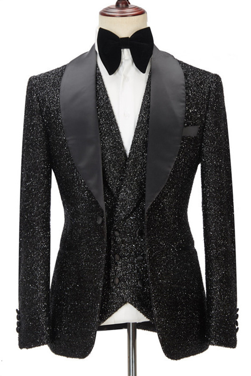 Kane Sparkly Black Three-Piece Shawl Lapel Custom Wedding Suit
