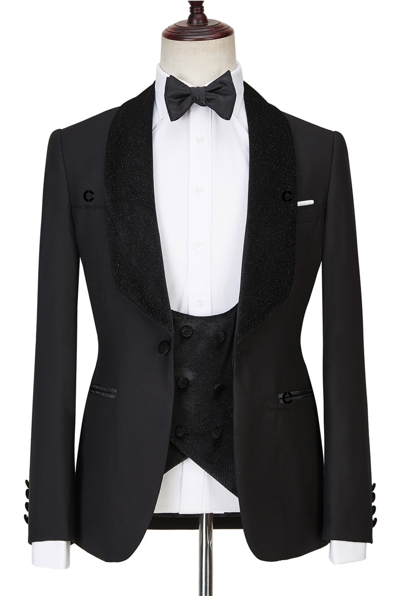 Jose Modern Three-Piece Black Shawl Lapel Sparkling Wedding Suit