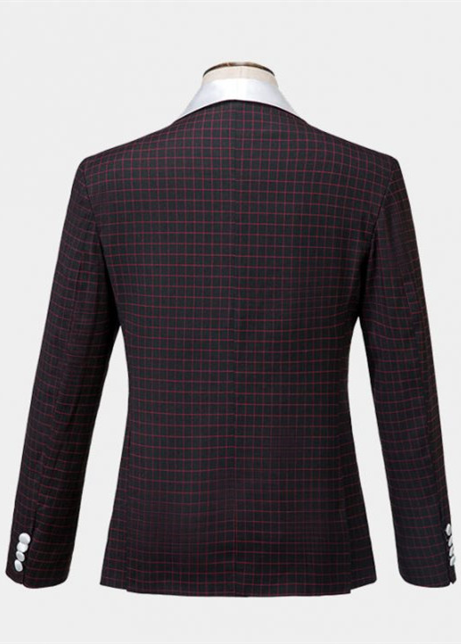Burgundy Checkered Tuxedo Three-Piece Prom Suit with White Lapel