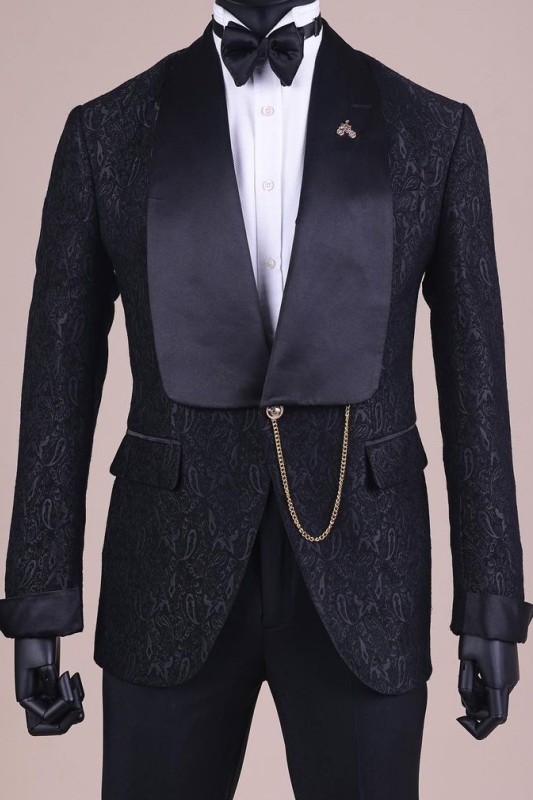 Glamorous Black Jacquard Shawl Lapel Two-Piece Wedding Suit