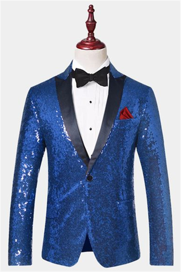 Royal Blue Sequin Men Suits One Piece Blazer With Peak Lapel