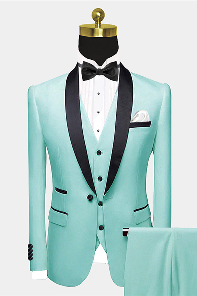 Special Mint Green Wedding Tuxedos For Groom Black Satin Shawl Lapel Prom Suits