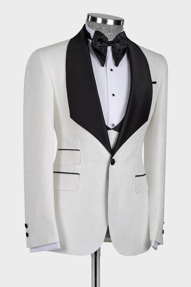 White Jacquard Three-Piece Shawl Lapel Wedding Suit