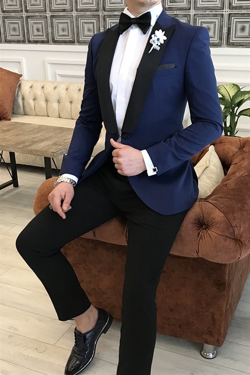 Jacobs Modern Navy with Black Pointed Lapel One-Button Slim Fit Prom Suit
