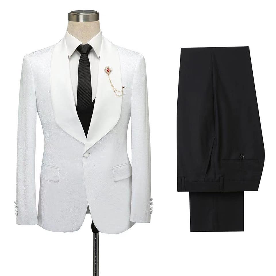 Miles White Jacquard Slim Fit Shawl Lapel Wedding Suit