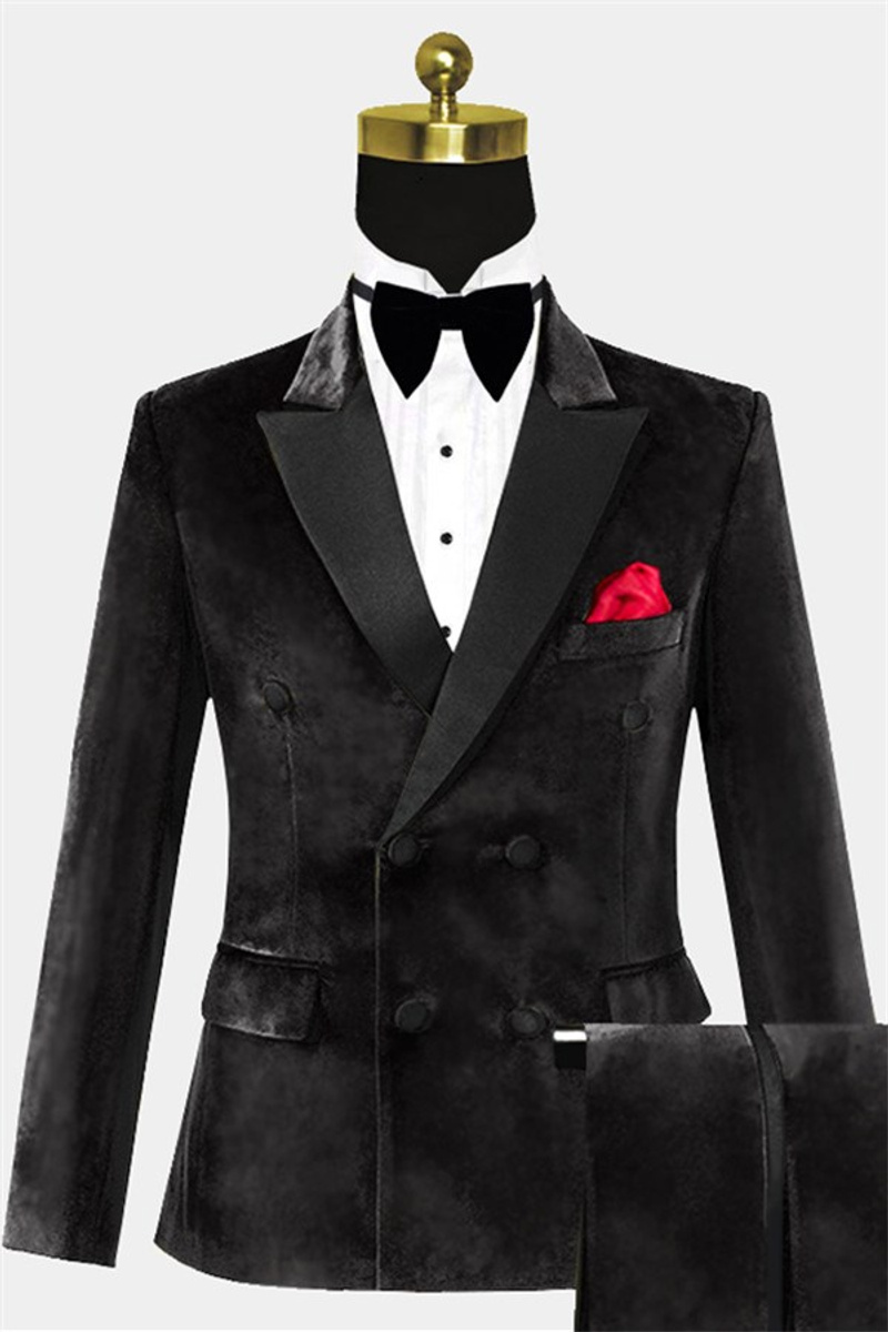 Double-Breasted Velvet Tuxedo Black Peak Lapel Suit
