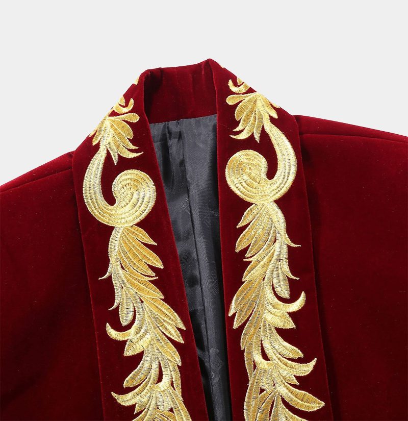 Burgundy Velvet Boyfriend Blazer Gold Embroidered Tuxedo Jacket For Prom