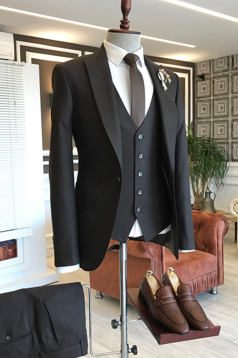 Lucien Classic All Black Three Piece Double Breasted Vest Business Suit