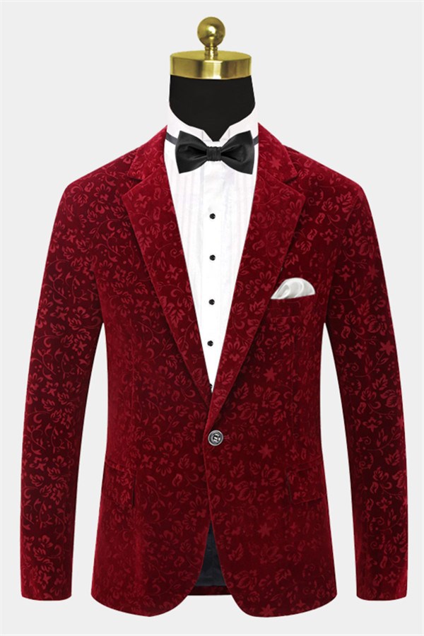 Burgundy Floral Velvet Blazer Fashion Suit Sizes For Men