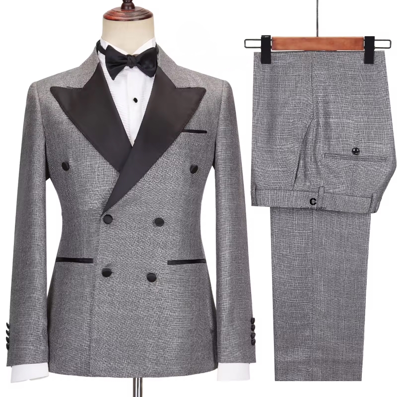 Formal Dark Grey Peaked Lapel Double-Breasted Business Suit