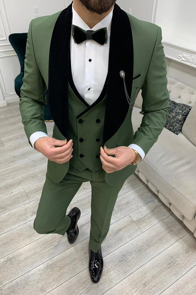 Allen Light Green Velvet Slim Fit Three-Piece Tuxedo with Shawl Lapel
