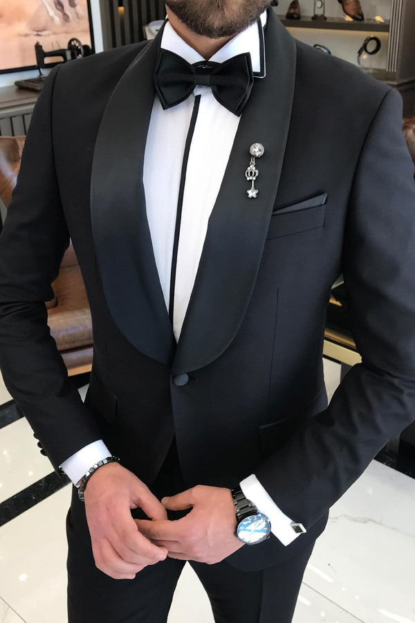 Italian Black One-Button Lapel Men's Two-Piece Suit