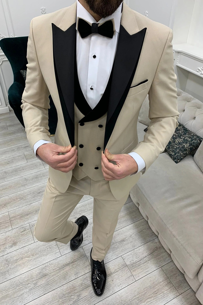 Marbel Beige Slim Fit Velvet Peak Lapel Tuxedo