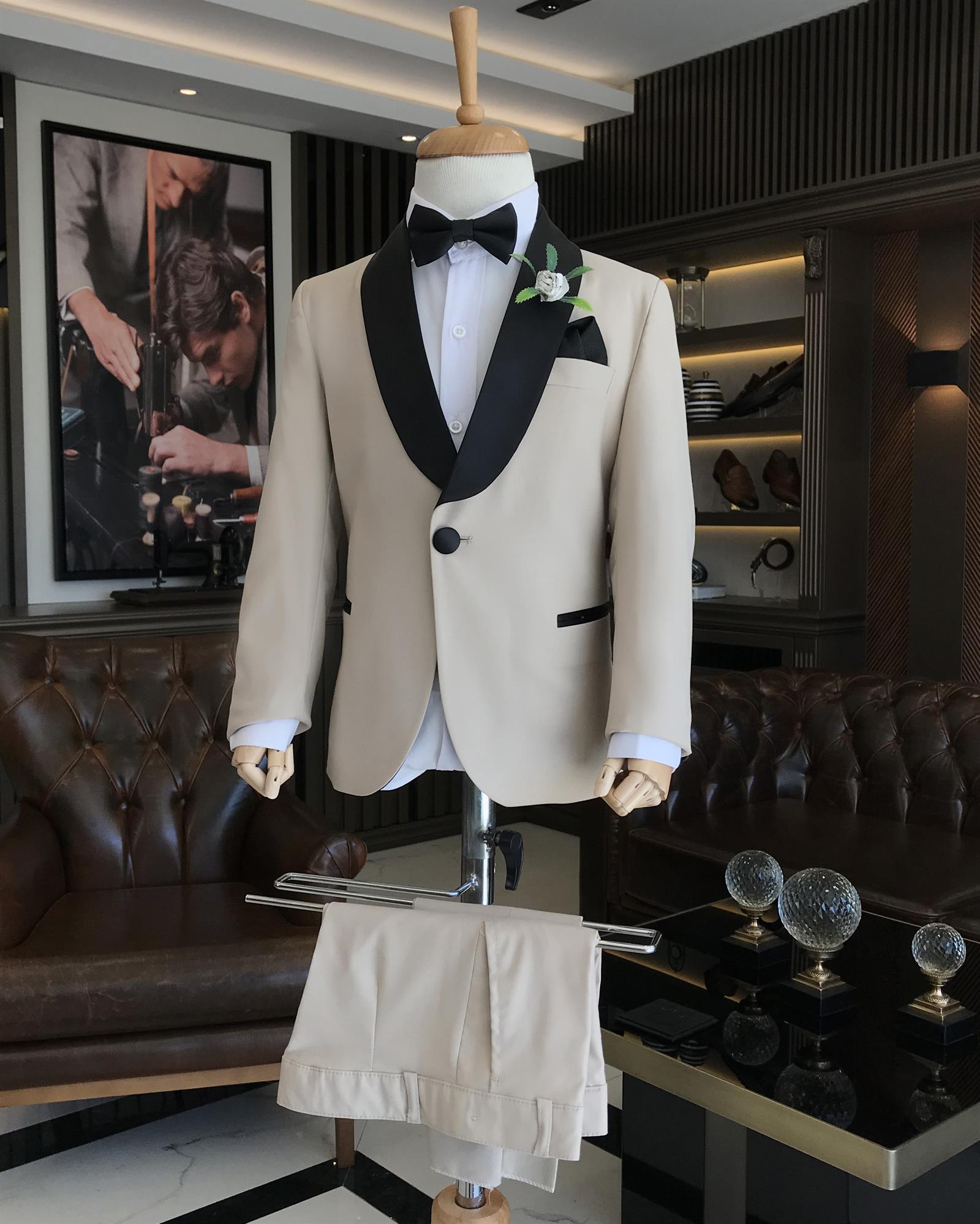 Beige Slim Fit Boys' Tuxedo Suit with Unique Collar