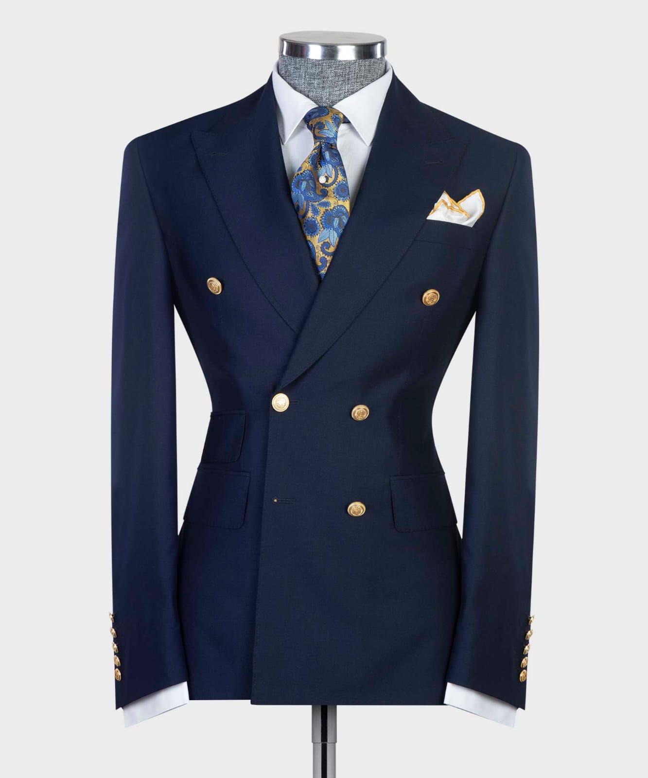 New Arrival Navy Blue Double-Breasted Slim Tailored Prom Suit