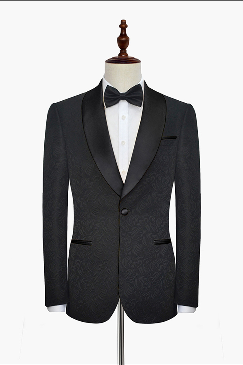 Classic Black Jacquard Wedding Tuxedo Shawl Lapel Silk One-Button Suit