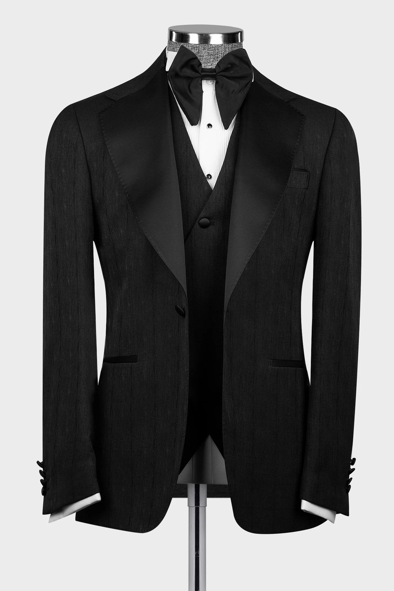 Modern Black Herringbone Notch Lapel Men's Three-Piece Suit